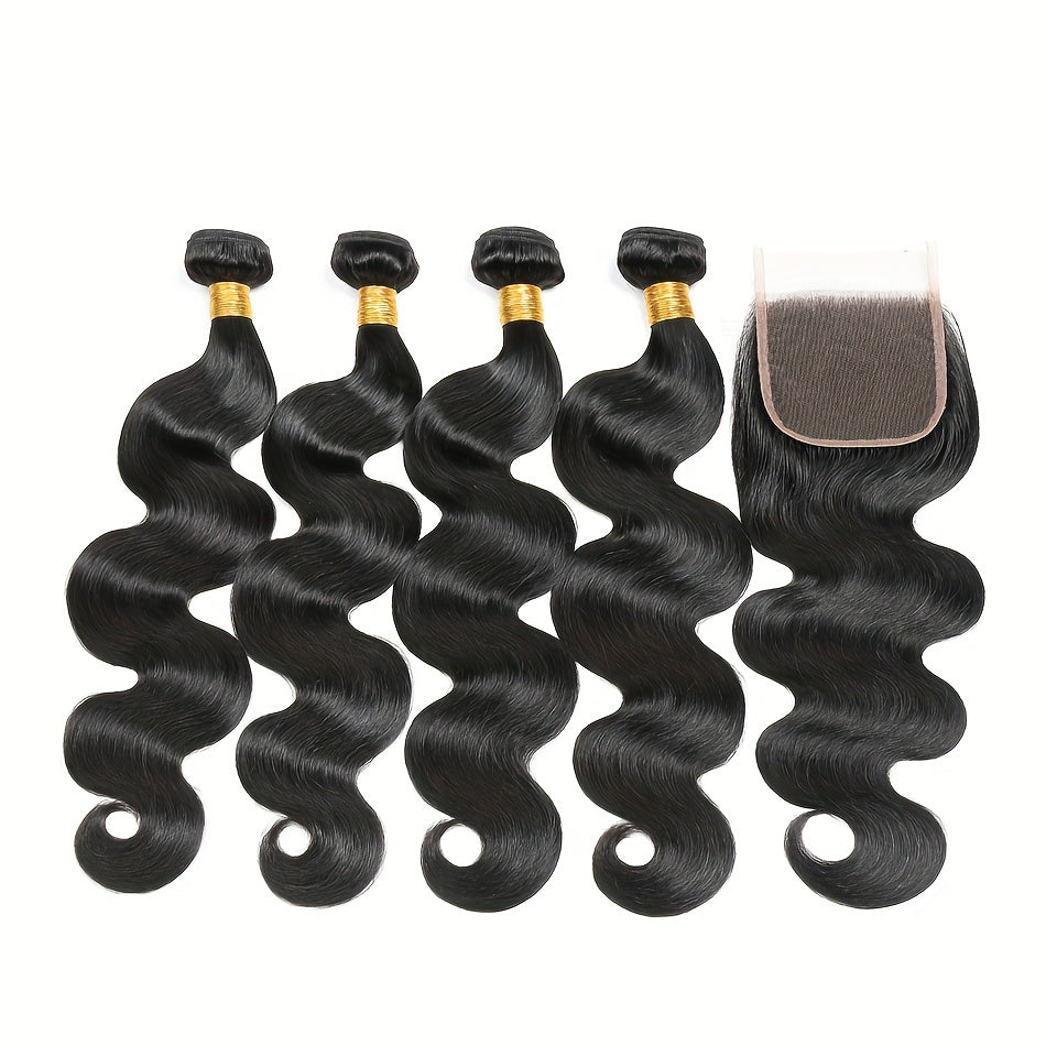 Body Wave 4 Bundles with Closure Brazilian 12A Unprocessed Virgin Human Hair 4x4 Free Part Closure Body Wavy Human Hair Bundles with Closure Natural Color Free Part HD Lace Transparent